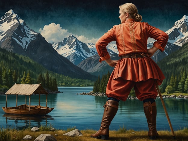 Auf dem Bild ist eine Person zu sehen, die in traditioneller, historischer Kleidung in einer wunderschönen, malerischen Landschaft steht. Im Hintergrund sind beeindruckende Berge mit schneebedeckten Spitzen und ein ruhiger See mit einem kleinen Boots-Anleger zu erkennen. Diese Szenerie könnte verschiedene kulturelle Aktivitäten symbolisieren, wie beispielsweise:

1. **Traditionelle Feste**: Die Kleider könnten auf regionale Bräuche oder Feste hinweisen, die in Bergregionen gefeiert werden.
2. **Natur- und Outdoor-Veranstaltungen**: Die idyllische Landschaft lädt zu Aktivitäten wie Wandern, Bootfahren oder Picknicks ein, was typisch für viele ländliche Festivals ist.
3. **Geschichte und Folklore**: Die Darstellung könnte ein kulturelles Erbe widerspiegeln, das mit Geschichte, Geschichten und Traditionen der Region verwoben ist.

Diese Elemente zusammen schaffen eine harmonische Verbindung zwischen Mensch und Natur, die in vielen Kulturen geschätzt wird.