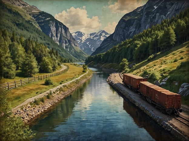 Auf dem Bild ist eine malerische Landschaft mit einem Fluss, Bergen und einem Weg zu sehen, neben dem alte Güterwagen stehen. Diese Szenerie erinnert an die Schönheit des Telemark Kanals in Norwegen, der für seine atemberaubenden Landschaften und historischen Bauwerke bekannt ist. Der Kanal wurde im 19. Jahrhundert erbaut und verbindet die Hauptstadt Oslo mit der Stadt Skien. Er war entscheidend für den Transport von Gütern und trug zur wirtschaftlichen Entwicklung der Region bei. Die sanften Hügel und das Wasser im Bild spiegeln die friedliche Umgebung wider, die viele Besucher anzieht, die die Natur und die Geschichte des Kanals erleben möchten.