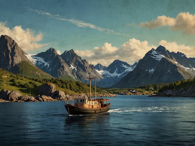 Auf dem Bild ist ein malerischer Anblick der Lofoten von Bodø aus zu sehen. Ein kleines Boot fährt durch ruhiges Wasser, umgeben von majestätischen Bergen, die teilweise mit Schnee bedeckt sind. Die Landschaft zeichnet sich durch grüne Wiesen und felsige Küstenlinien aus, während der Himmel mit einigen Wolken und Sonnenlicht durchzogen ist, was eine friedliche und inspirierende Atmosphäre schafft.