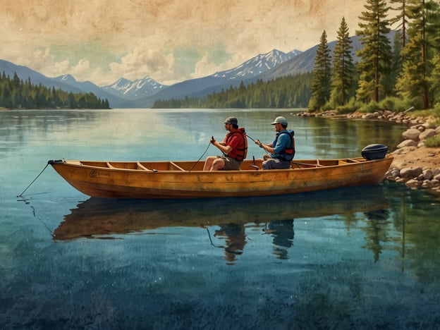 Auf dem Bild sind zwei Personen in einem Boot zu sehen, die auf einem ruhigen See angeln. Die Landschaft um sie herum ist beeindruckend mit Bergen im Hintergrund, grünen Wäldern und einem klaren Himmel, was eine friedliche und naturnahe Atmosphäre schafft.

Hier sind einige Aktivitäten für jeden Geschmack, die man in einer ähnlichen Umgebung genießen könnte:

1. **Angeln**: Wie die beiden im Boot, ist Angeln eine entspannende Möglichkeit, Zeit am Wasser zu verbringen.
2. **Kajakfahren**: Für die Abenteuerlustigen eignet sich das Paddeln durch ruhige Gewässer oder auf aufregenderen Flüssen.
3. **Wandern**: Die umliegenden Berge bieten herrliche Wanderwege für Naturfreunde und Sportbegeisterte.
4. **Fotografie**: Die malerische Landschaft ist ideal für Fotografen, um die Schönheit der Natur festzuhalten.
5. **Picknick**: Ein entspannendes Picknick am Wasser ist perfekt für Familien oder Freunde, die die Natur genießen möchten.
6. **Schwimmen**: An warmen Tagen könnte man auch eine erfrischende Schwimmrunde im klaren Wasser genießen.

Egal ob man die Ruhe der Natur sucht oder aktiv sein möchte, diese Umgebung hat für jeden etwas zu bieten.