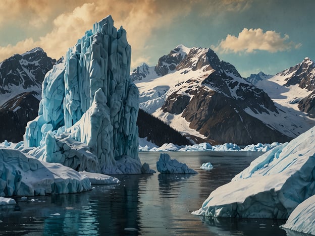 Auf dem Bild sind beeindruckende Gletscherformationen zu sehen, die wahrscheinlich typisch für den Øksfjord Gletscher sind. Dieser Gletscher zeichnet sich durch seine markanten, steilen Eisformationen und die lebhaft blauen Eisfarben aus, die durch die Lichtbrechung im Eis entstehen. Die umgebenden Berge haben schneebedeckte Gipfel und steile Hänge, die die dramatische Landschaft verstärken. Außerdem spiegelt sich das Eis im ruhigen Wasser, was eine besondere Ästhetik schafft. Solche Szenen sind typisch für norwegische Fjorde, in denen Gletscher auf beeindruckende Weise mit der Natur interagieren.