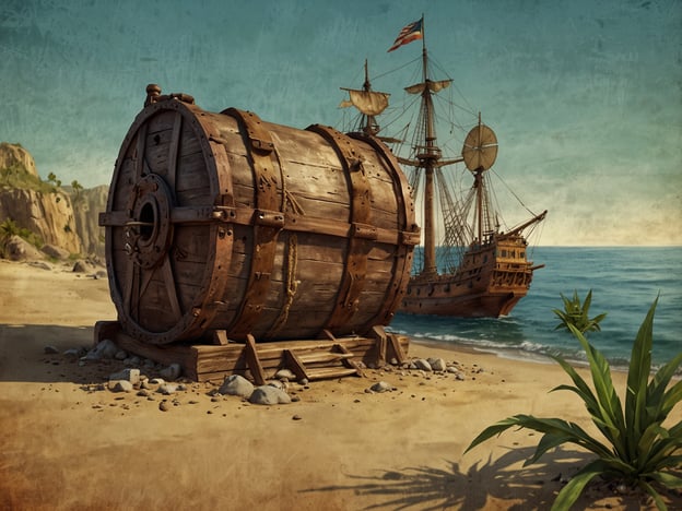 Auf dem Bild ist eine malerische Küstenlandschaft zu sehen, mit einem eindrucksvollen Piratenschiff im Hintergrund und einem großen Holzfass im Vordergrund. Diese Szenerie erinnert an die besten Reiseziele für Piratenabenteuer, wie beispielsweise:

1. **Karibik**: Berühmt für ihre geheimen Buchten und versteckten Schätze.
2. **Tortuga**: Eine legendäre Pirateninsel, bekannt für ihre lebhaften Tavernen und ungezähmten Geschichten.
3. **Bahamas**: Mit vielen kleinen Inseln, die perfekt für Piratenschnitzeljagden sind.
4. **Kaimaninseln**: Ein hervorragender Ort für Piratenschnitzel und Wasserabenteuer.

Solche Orte sind ideal für jede Schatzsuche und spannende Abenteuer auf den Spuren der Piraten.