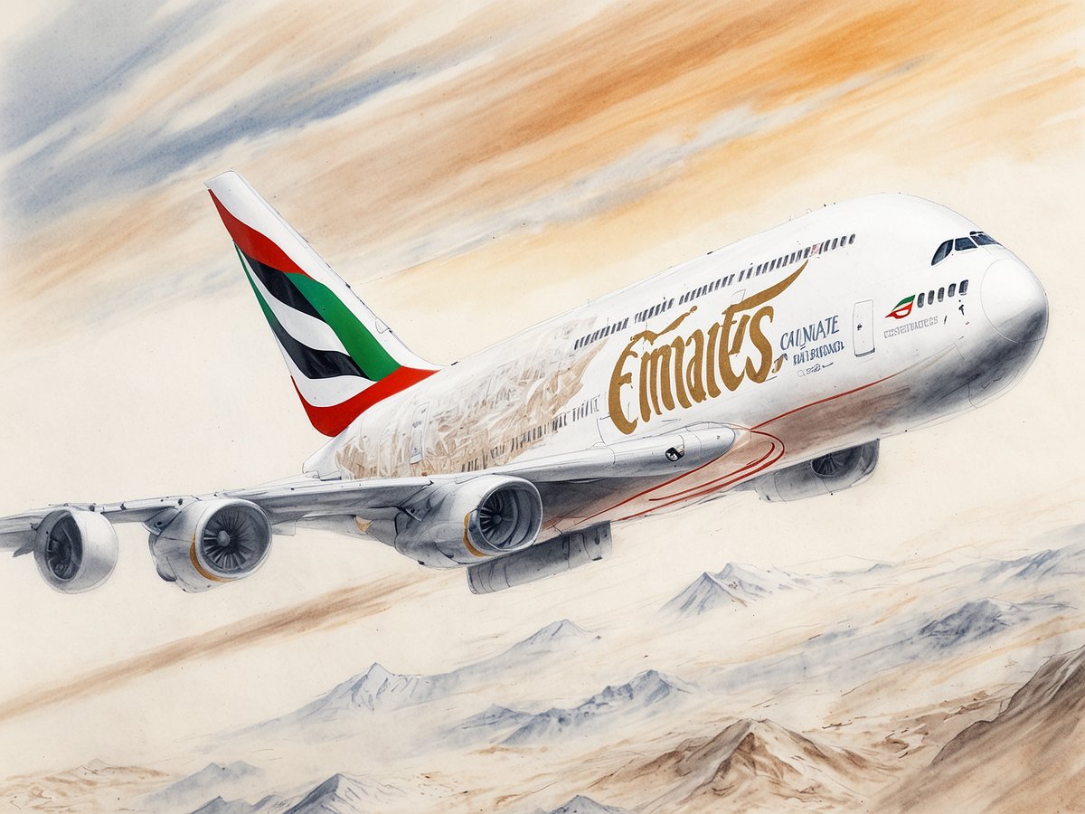 Ein Emirates Flugzeug ist in einem künstlerischen Stil dargestellt, das durch die Wolken über einer bergigen Landschaft fliegt. Die Lackierung des Flugzeugs zeigt das Emirates Logo in goldener Schrift sowie die Nationalflagge der Vereinigten Arabischen Emirate. Im Hintergrund sind sanfte Farben des Himmels und eine malerische Berglandschaft zu sehen, was eine ruhige und eindrucksvolle Atmosphäre schafft.