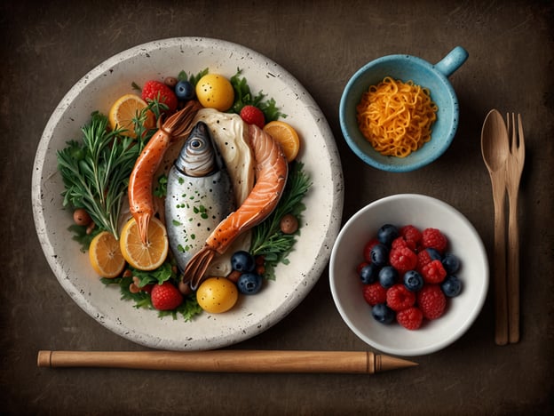 Auf dem Bild ist ein ansprechend angerichteter Teller mit köstlichen kulinarischen Entdeckungen aus Lappland zu sehen. Im Mittelpunkt steht ein ganzer Fisch, umgeben von frischen Kräutern, Zitrusfrüchten wie Orangenscheiben und verschiedenen Beeren, die für die Region bekannt sind, wie Himbeeren und Heidelbeeren. Zudem sind Garnelen und eine Portion Pasta in einer kleinen Schale zu sehen. Diese Mischung aus lokalen Zutaten und Aromen spiegelt die reichhaltige und vielfältige Küche Lapplands wider, die oft frische, natürliche und saisonale Produkte thematisiert.