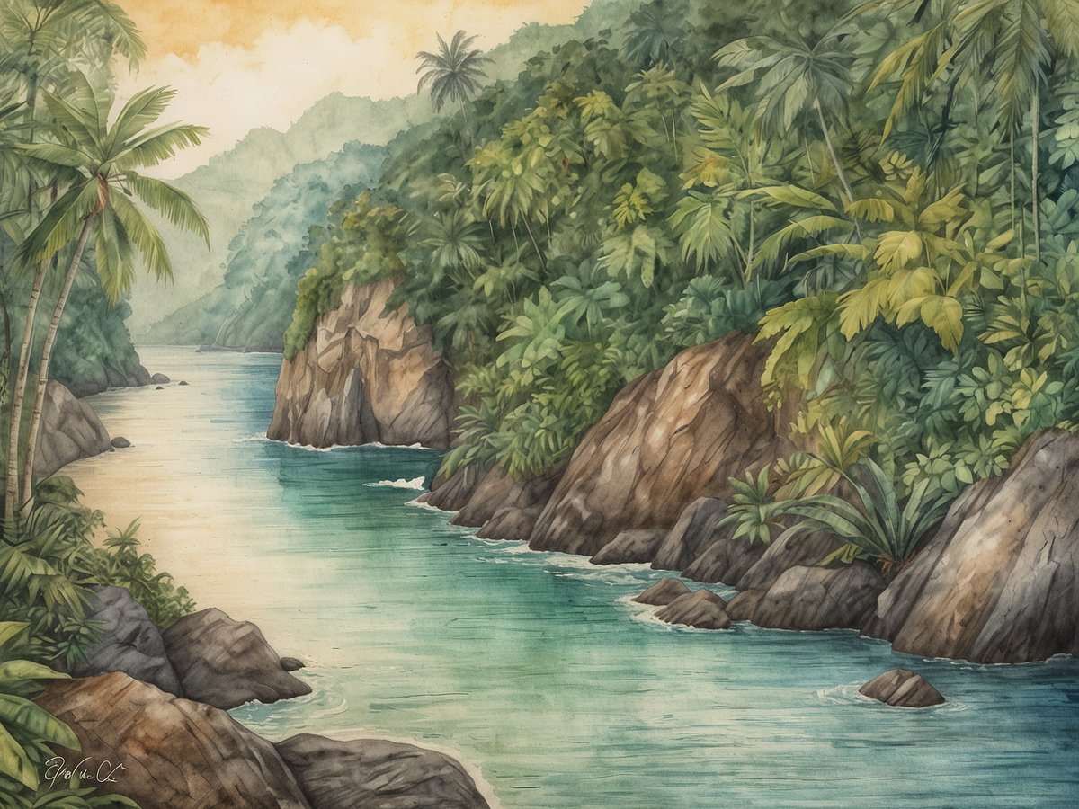 Eine malerische Darstellung der Chocó-Region an der Pazifikküste, die einen üppigen Regenwald zeigt. Die Küstenlinie wird von hohen Palmen und dichtem Grün gesäumt, während das Wasser in sanften Wellen an die steinigen Ufer schwappt. Im Hintergrund sind sanfte Hügel und Nebel zu sehen, die der Szenerie eine geheimnisvolle Atmosphäre verleihen. Die Farben sind lebhaft und variieren von tiefem Grün bis hin zu sanften Blau- und Gelbtönen, die die Schönheit der indigene Kultur und der Natur dieser Region repräsentieren.
