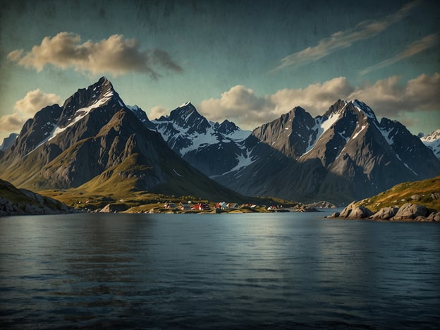 Auf dem Bild sind atemberaubende Fjorde der Lofoten zu sehen, umgeben von majestätischen Bergen, die teilweise mit Schnee bedeckt sind. Die ruhige Wasseroberfläche reflektiert die beeindruckende Landschaft, während kleine farbenfrohe Häuser am Ufer liegen und eine idyllische Atmosphäre schaffen.