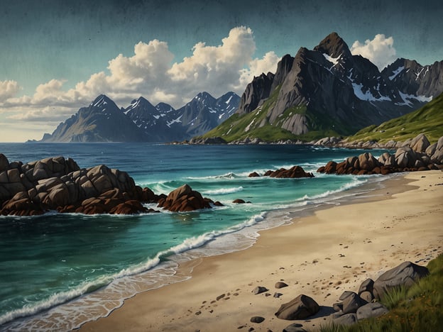 Auf dem Bild sind die unberührten Strände der Lofoten zu sehen, ein wahres Paradies für Naturliebhaber. Die atemberaubende Landschaft zeigt eine Mischung aus feinem Sandstrand, glitzerndem türkisfarbenem Wasser und majestätischen Bergen, die im Hintergrund emporragen. Die Kombination aus Bergen, Strand und Meer schafft eine ruhige und malerische Kulisse, die ideal für Erholung und Abenteuer in der Natur ist.