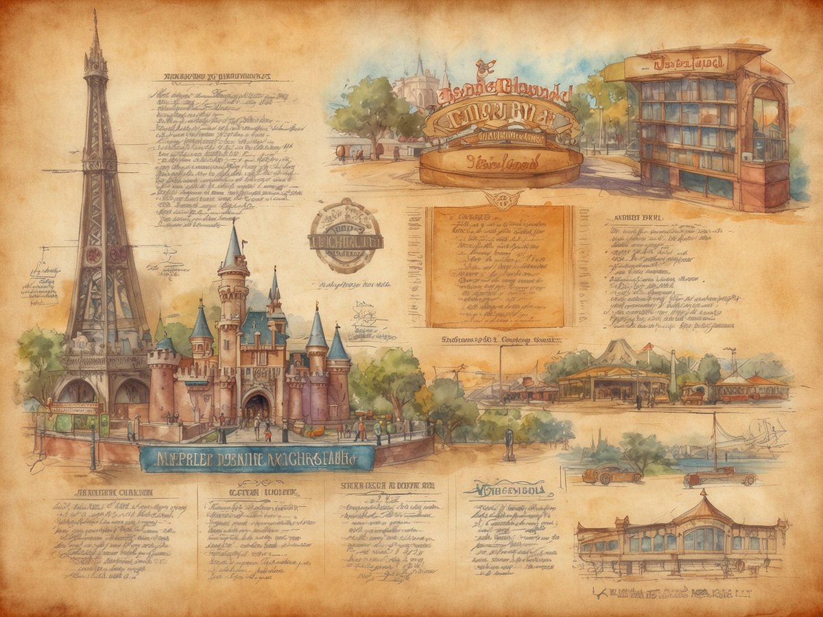 Das Bild zeigt eine künstlerische Darstellung von Disneyland und California Adventure, mit skizzenhaften Elementen und Notizen, die die beiden Themenparks repräsentieren. Zu sehen sind ikonische Gebäude wie das Schloss von Disneyland sowie eine Ansicht des California Adventure Parks. Die Gestaltung ist nostalgisch und vermittelt eine historische Atmosphäre, während verschiedene Attraktionen und Informationen darüber thematisiert werden. Der Hintergrund hat einen papierähnlichen Look, der die Zeichnungen unterstreicht und den Eindruck eines alten Plans vermittelt.