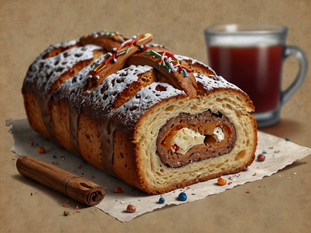 Auf dem Bild ist ein kunstvoll gestalteter Weihnachtsstrudel zu sehen, der in einer leckeren Kombination aus verschiedenen Füllungen präsentiert wird. Die äußere Schicht ist goldbraun gebacken und mit einer Glasur verziert, während die Füllung aus verschiedenen Köstlichkeiten besteht, darunter wahrscheinlich Schokolade, Früchte und vielleicht sogar Nüsse. 

Dazu steht ein Glas mit einem warmen Getränk, das an Glühwein oder eine würzige Punschvariation erinnern könnte – perfekte Begleiter für die kalte Jahreszeit. 

Kulinarische Highlights in der Weihnachtszeit umfassen oft traditionelle Leckereien wie Stollen, Lebkuchen und Plätzchen, die ebenso festlich und geschmackvoll sind.