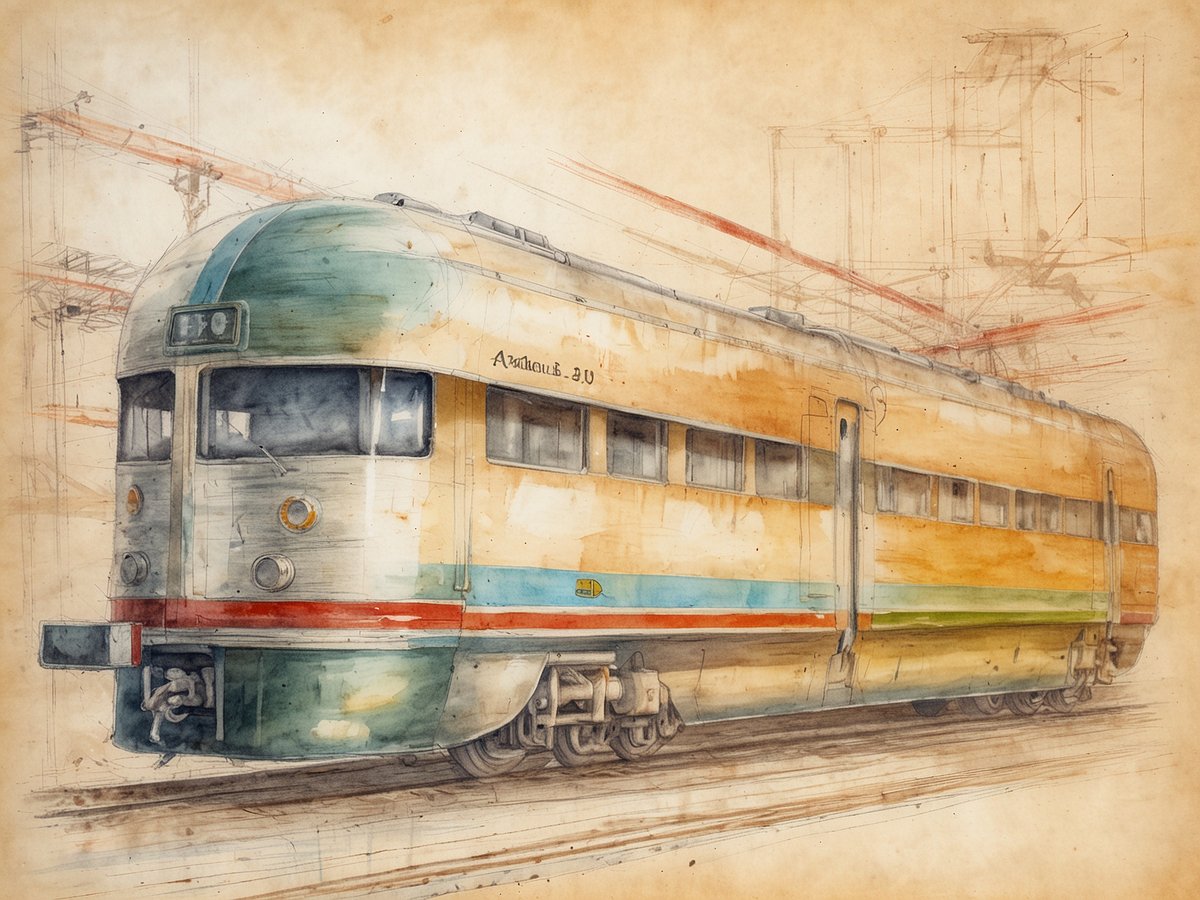 Eine alte Wasserfarbenillustration eines Zuges mit einer runden, aerodynamischen Form in sanften Farben. Der Zug hat eine grüne und gelbe Lackierung mit roten und blauen Streifen. Die Vorderansicht zeigt große Fenster und ein charakteristisches Design. Im Hintergrund sind schwache Skizzen von Oberleitungsmasten zu sehen, die eine bahntechnische Umgebung andeuten. Die gesamte Darstellung hat einen nostalgischen Charakter und vermittelt den Eindruck von Bewegung und Innovation in der Reisebranche.