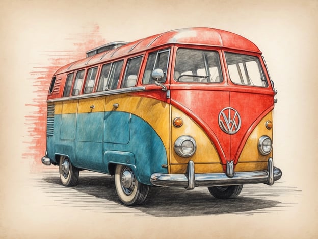 Auf dem Bild ist ein farbenfroher Volkswagen Bus zu sehen, der in einem grafischen, künstlerischen Stil dargestellt ist. Die markanten Farben sind rot, gelb und blau, die harmonisch miteinander kombiniert sind. Der Bus weist die charakteristischen runden Konturen und die große Frontscheibe auf, die typisch für klassische VW-Modelle ist. Der Hintergrund ist leicht texturiert, was dem Gesamtbild eine lebendige und nostalgische Atmosphäre verleiht. Die Detailtreue und der Einsatz von Schattierungen erzeugen eine ansprechende, illustrativen Wirkung.