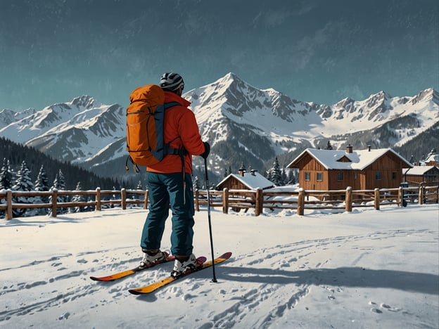 Auf dem Bild ist eine schneebedeckte Landschaft mit Bergen im Hintergrund zu sehen. Eine Person steht auf Skiern, gekleidet in einer roten Jacke und einem Rucksack, und blickt auf die beeindruckende Bergkulisse. Mitten in dieser winterlichen Idylle sind einige gemütliche Holzhäuser und eine Umzäunung sichtbar.

Beliebte Skiorte mit Schneegarantie, die zu solch einer Szenerie passen könnten, sind:

1. **St. Anton am Arlberg** (Österreich)
2. **Zermatt** (Schweiz)
3. **Chamonix** (Frankreich)
4. **Sierra Nevada** (Spanien)
5. **Whistler Blackcomb** (Kanada)

Diese Orte bieten hervorragende Pisten und eine hohe Wahrscheinlichkeit für Schnee während der Wintersaison.