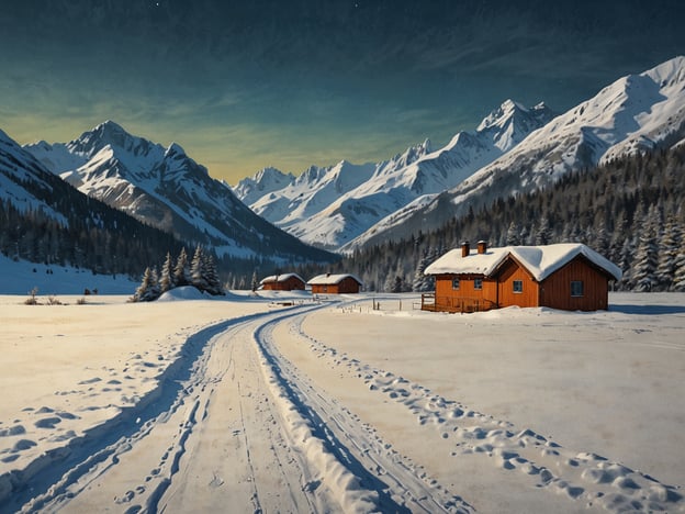 Auf dem Bild wird eine verschneite Landschaft mit Bergen und Holzhäusern dargestellt. Die schneebedeckte Straße schlängelt sich durch die Szene, die von einer ruhigen Winteratmosphäre geprägt ist. In Zukunft wird diese Art von Idylle viele Besucher anziehen, die die Schneegarantie genießen möchten, um ihrer winterlichen Freizeitbeschäftigungen nachzugehen. Die Umgebung verspricht damit unvergessliche Erlebnisse im Schnee.