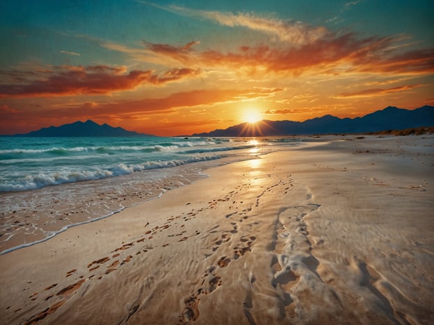 Auf dem Bild sind traumhafte Strände an der Pazifikküste zu sehen. Die Sonne geht am Horizont unter und taucht den Himmel in warme Farben. Der sanfte Wellengang umspült den goldenen Sand, während Fußspuren im feuchten Sand zurückbleiben. Im Hintergrund erheben sich sanfte Berge, die die friedliche Szenerie vervollständigen.