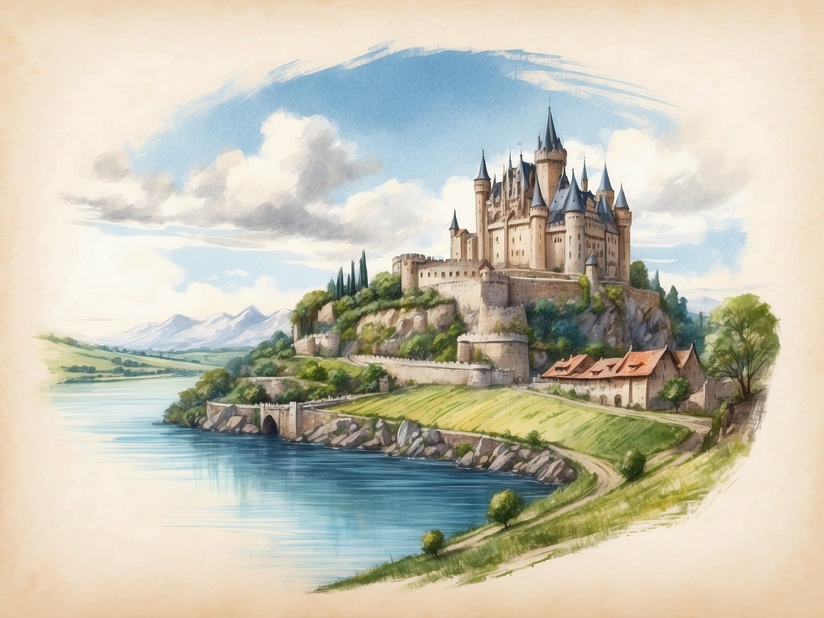 Eine malerische Ansicht von St. Goar zeigt eine imposante Burg auf einem Hügel, umgeben von grünen Wiesen und sanften Hügeln. Im Vordergrund fließt ein ruhiger Fluss, dessen Wasser die umliegende Landschaft reflektiert. Die Burg mit ihren hohen Türmen und Zinnen erhebt sich majestätisch über die Umgebung, während kleine Gebäude mit roten Dächern am Ufer stehen. Der Himmel ist blau mit einigen Wolken, was zur malerischen Atmosphäre beiträgt.