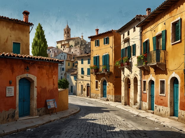 Willkommen in Presicce: Ein charmantes Dorf in Italien. Auf dem Bild ist eine malerische Straße mit typischen italienischen Häusern zu sehen, die in warmen Farben gestrichen sind. Die Gebäude haben Fenster mit grünen shutters und Blumenkästen, die zur gemütlichen Atmosphäre beitragen. Im Hintergrund erhebt sich eine kleine Kirche oder ein Turm, der dem Bild zusätzliche Tiefe verleiht. Die gepflasterte Straße führt durch das Dorf und lädt zum Erkunden ein.