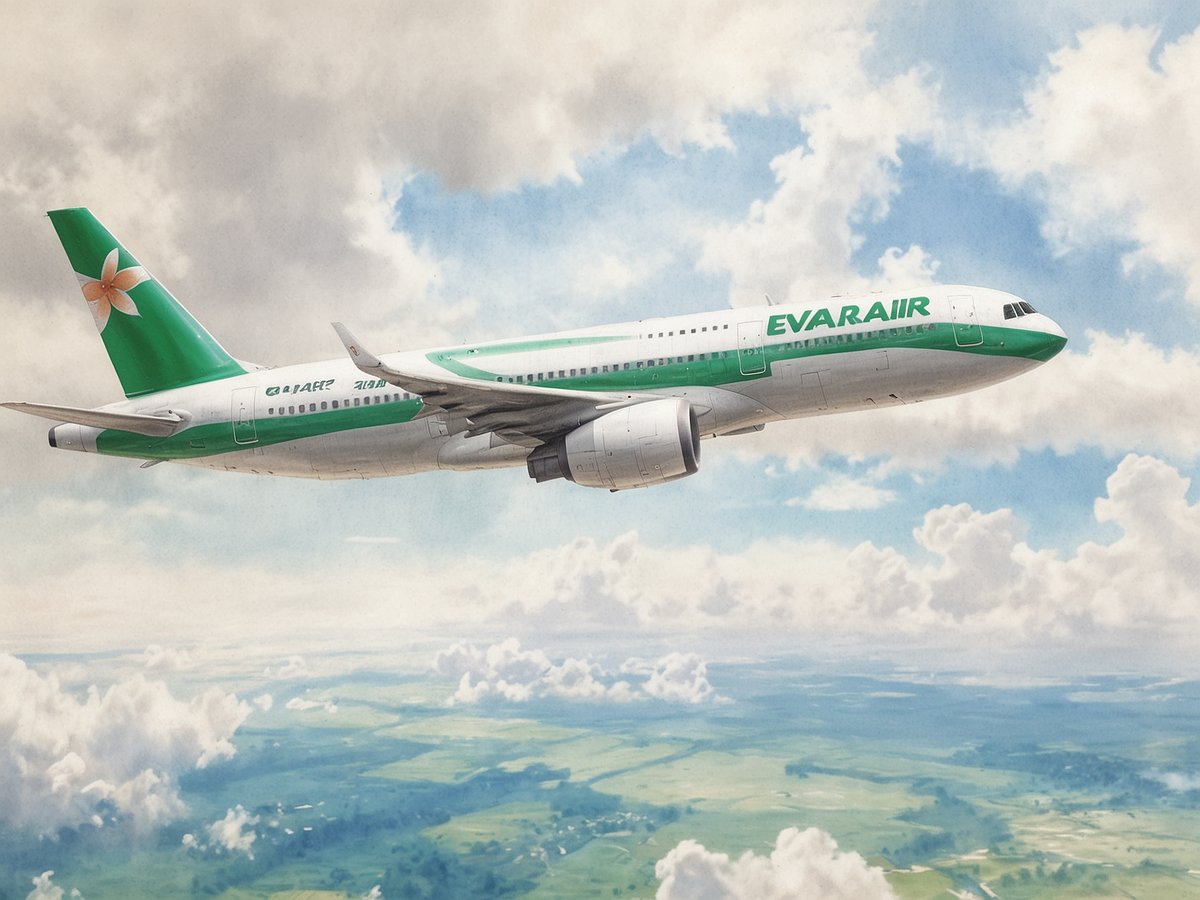 Ein Flugzeug von EVA Air fliegt hoch über eine grüne Landschaft, umgeben von weißen Wolken und einem blauen Himmel. Die Farbgebung des Flugzeugs ist in grün und weiß, mit einem charakteristischen Logo auf dem Heck. Diese Darstellung symbolisiert eine mögliche Verbindung zur Stärkung des Tourismus in Thailand durch die Partnerschaft von EVA Air und TAT.