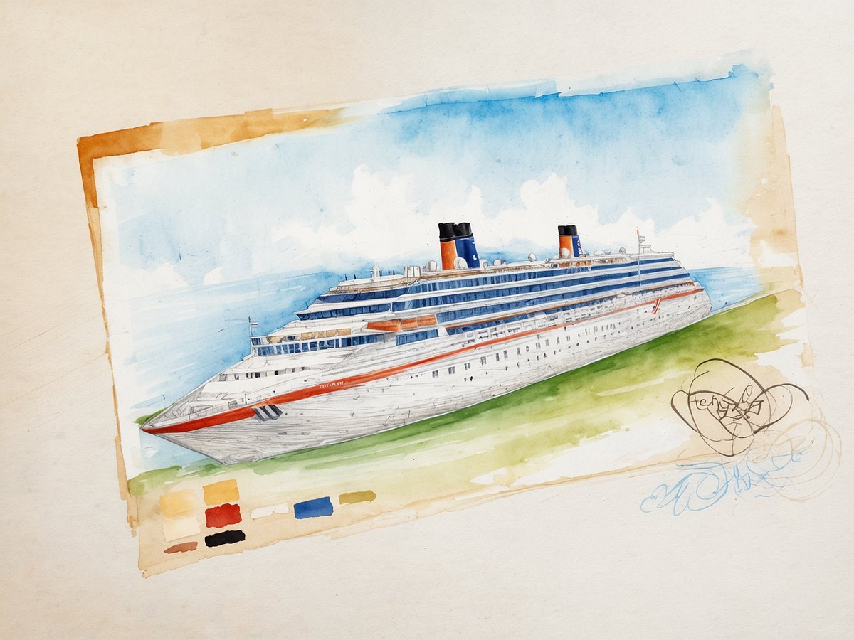 Eine aquarellierte Darstellung eines Kreuzfahrtschiffes in einem maritimen Umfeld. Das Schiff hat einen weißen Rumpf mit orangefarbenen und blauen Akzenten sowie charakteristischen Schornsteinen. Der Hintergrund zeigt einen hellblauen Himmel mit sanften Wolken und eine grüne Landschaft im Vordergrund. Neben dem Schiff sind verschiedene Farbmuster abgebildet, die auf künstlerische Gestaltung hinweisen.