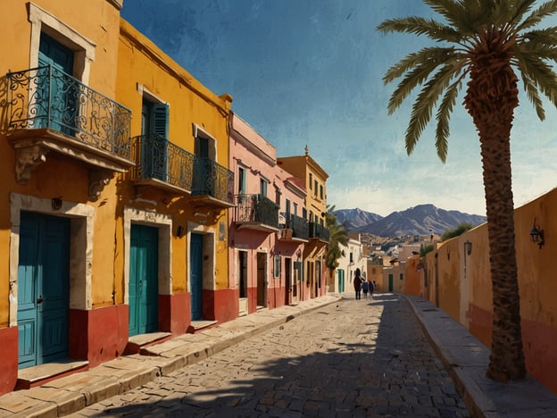 Auf dem Bild ist eine malerische Straße mit bunten Häusern zu sehen, die typisch für Südspanien, insbesondere Andalusien, ist. Die Häuser haben helle Farben wie Gelb und Rosa, mit schönen Balkonen und blauen Türen. Die Straße ist gepflastert und von Palmen gesäumt, während im Hintergrund eine Berglandschaft sichtbar ist. Es scheint ein sonniger Wintertag zu sein, was die mediterrane Atmosphäre unterstreicht. In der Ferne sind auch einige Personen zu sehen, die die Straße entlanggehen.