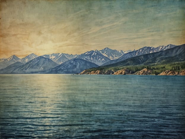 Auf dem Bild ist eine malerische Landschaft zu sehen, die den Baikalsee zeigt, umgeben von majestätischen Bergen und sanften Wellen des Wassers. Der Baikalsee ist bekannt als der tiefste See der Welt und liegt in Sibirien, Russland. Die Landschaft vermittelt eine friedliche und beeindruckendeAtmosphäre, die durch das weiche Licht des Sonnenuntergangs verstärkt wird. Dies macht den Baikalsee zu einem eindrucksvollen Tiefsee-Riesen in Europa.