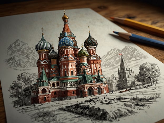 Auf dem Bild ist eine künstlerische Darstellung einer berühmten russischen Kathedrale zu sehen, die für ihre bunten Zwiebeltürme bekannt ist. Diese ikonische Architektur symbolisiert oft die kulturelle und historische Bedeutung Russlands. Im Hintergrund sind Berge und weitere skizzierte Elemente zu sehen, die die Landschaft umreißen. Es sieht aus wie eine Kombination aus Farben und Bleistiftzeichen, die einen lebendigen Eindruck vermitteln.