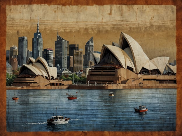 Auf dem Bild ist eine beeindruckende Ansicht eines architektonischen Meisterwerks zu sehen, das von markanten Gebäudeformen und einem Wasserweg umgeben ist. Diese Darstellung spiegelt den Kontrast zwischen der modernen Skyline im Hintergrund und dem ikonischen Gebäude im Vordergrund wider. Es könnte sich um das Sydney Opera House handeln, das für seine muschelartigen Dächer bekannt ist. Das Bild vermittelt eine Atmosphäre von urbaner Eleganz, vor dem Hintergrund des Wassers sind mehrere Boote zu sehen, was das Bild zusätzlich lebhaft macht. Die Kombination aus Architektur und Natur zeigt die Vielfalt und Schönheit Australiens als Kontinent der Kontraste.