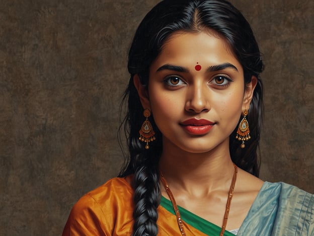 Auf dem Bild ist eine junge Frau zu sehen, die traditionelle indische Kleidung trägt. Sie hat lange, dunkle Haare, die zu einem Zopf geflochten sind, und ziert ihr Gesicht mit einem roten Punkt auf der Stirn, der oft in der indischen Kultur verwendet wird. Ihre Ohrringe sind verziert und ergänzen das bunte Outfit, das aus verschiedenen Stoffen und Farben besteht. Das Bild spiegelt die Vielfalt und den kulturellen Reichtum Indiens wider.