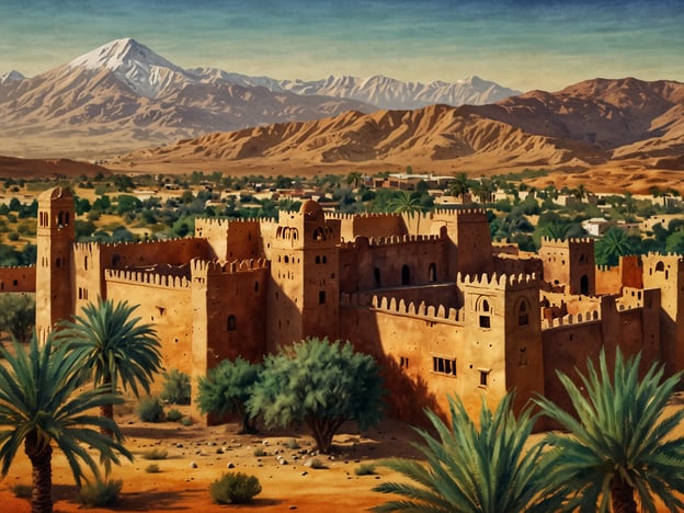 Auf dem Bild ist eine alte Festung oder Kasbah zu sehen, umgeben von Palmen und grüner Vegetation. Im Hintergrund erheben sich majestätische Berge, die möglicherweise schneebedeckt sind. Die Landschaft wirkt trostlos, aber auch malerisch und spiegelt die Schönheit der algerischen Wüste wider. Algerien ist bekannt für seine vielfältige Geografie, die von Sanddünen bis zu Gebirgen reicht, und dieses Bild vermittelt einen Eindruck von der historischen Architektur und der natürlichen Umgebung des Landes.