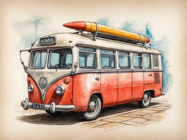 Auf dem Bild ist ein alter Volkswagen Bus zu sehen, der in rot und weiß lackiert ist und eine markante gelbe Surfbrett-Schnalle auf dem Dach hat. 

### Praktische Informationen für Besucher:

- **Standorte**: Solche historischen VW Busse sind oft auf Auto- oder Transportmessen zu sehen oder als Teil von Ausstellungen über Verkehrsgeschichte.
- **Fotomöglichkeiten**: Diese Busse bieten tolle Fotomotive, insbesondere in malerischen Kulissen am Strand oder in der Stadt.
- **Veranstaltungen**: Informieren Sie sich über lokale Veranstaltungen oder Festivals, bei denen Vintage-Fahrzeuge präsentiert werden. Viele Autos werden auch zum Verleih angeboten.
- **Besucherhinweise**: Wenn Sie an einem Event teilnehmen, achten Sie auf spezielle Führungen oder Programme, die Informationen zur Geschichte und Bedeutung solcher Fahrzeuge bieten.