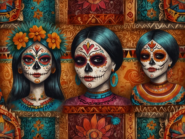 Auf dem Bild sind drei Frauen mit kunstvoll geschminkten Gesichtern zu sehen, die traditionell für das mexikanische Fest Día de los Muertos (Tag der Toten) sind. Ihre Gesichter sind mit bunten Mustern und Totenkopf-Elementen gestaltet, was eine Hommage an die verstorbenen Angehörigen darstellt. Die Frauen tragen aufwendige Kleidung und Schmuck, und im Hintergrund sind farbenfrohe mexikanische Muster und Designs zu erkennen, die die Vielfalt der mexikanischen Kulturen und Traditionen widerspiegeln. Die Darstellung vermittelt ein Gefühl von Feierlichkeit und Respekt gegenüber den Toten sowie die kulturelle Relevanz der Traditionen in Mexiko.