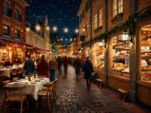 Auf dem Bild ist eine festliche Szene in einer stimmungsvollen Gasse zu sehen. Die Straßen sind mit warmen Lichtern geschmückt, die eine einladende Atmosphäre schaffen. An den Tischen im Freien sitzen Menschen, die das Ambiente genießen, während im Hintergrund Auslagen mit köstlichen kulinarischen Spezialitäten zu sehen sind. Die festliche Stimmung wird durch die weihnachtliche Dekoration und den klaren Nachthimmel unterstrichen, was zu einer besonderen und genussvollen Atmosphäre beiträgt.