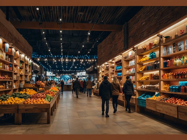 Auf dem Bild ist ein moderner Markt mit einem einladenden Flair zu sehen. Die ansprechend gestalteten Regale sind gefüllt mit verschiedenen Lebensmitteln und bunten Produkten, während die warmen Lichter eine gemütliche Atmosphäre schaffen. Menschen schlendern entspannt durch den Raum, was ein Gefühl von Gemeinschaft und Geselligkeit vermittelt, ähnlich wie auf einem Weihnachtsmarkt mit besonderem Stil. Solche Märkte bieten oft eine Mischung aus frischen lokalen Produkten und handwerklichen Erzeugnissen, perfekt für eine festliche Stimmung.