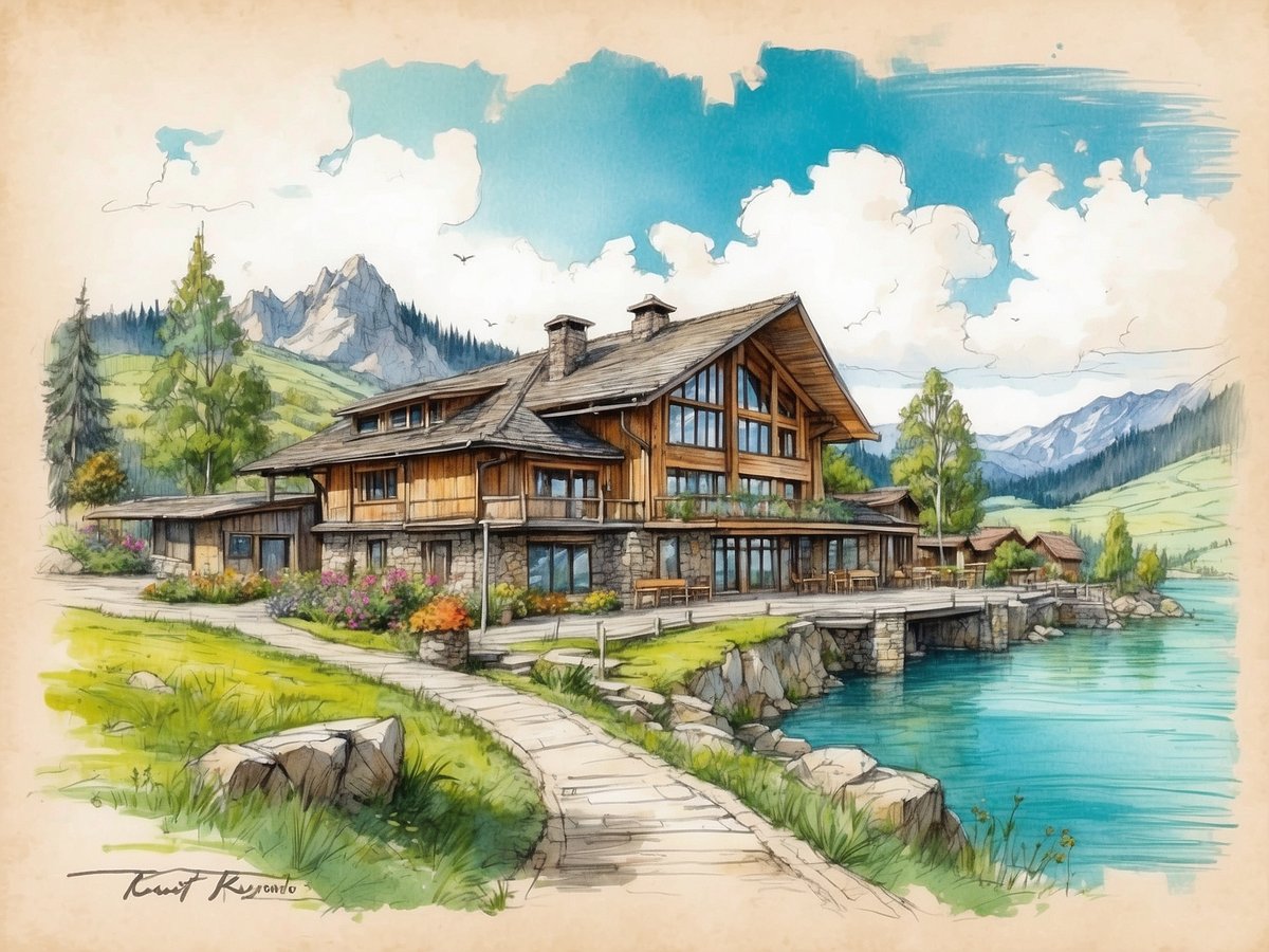 Eine malerische Aussicht auf ein modernes Holzhaus mit großen Fenstern, das am Ufer eines klaren Sees in einer hügeligen Landschaft liegt. Umgeben von üppigem Grün, blühenden Blumen und Bäumen, erhebt sich im Hintergrund eine Bergkette unter einem blauen Himmel mit einigen Wolken. Ein gepflasterter Weg führt zum Haus, der sich entlang des Wassers schlängelt und die Natur eindrucksvoll einbindet. Die Szene strahlt Ruhe und Idylle aus, ideal für einen Rückzugsort in Bad Gottleuba-Berggießhübel.