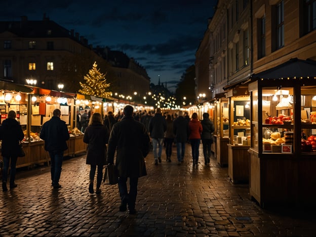 Auf dem Bild ist ein nächtlicher Weihnachtsmarkt zu sehen, mit festlich beleuchteten Ständen und Besuchern, die entlang der gepflasterten Straße spazieren. Ein geschmückter Weihnachtsbaum ist ebenfalls sichtbar, was zur festlichen Stimmung beiträgt.

**Tipps für den perfekten Besuch:**

1. **Früh kommen:** Um Menschenmengen zu vermeiden und die Auswahl an Ständen zu genießen, komm früh am Abend.

2. **Budget planen:** Setze dir ein Budget für Speisen, Geschenke und Glühwein, damit du nicht die Kontrolle verlierst.

3. **Lokale Spezialitäten probieren:** Nutze die Gelegenheit, um regionale Leckereien und handgemachte Produkte zu kosten.

4. **Gemütlich kleiden:** Zieh dich warm an, denn es kann nachts kühl werden, besonders in der Nähe von offenen Feuerstellen.

5. **Foto machen:** Halte die festliche Atmosphäre mit Fotos fest, aber respektiere die Privatsphäre anderer.

6. **Mit Freunden gehen:** Gemeinsam macht es mehr Spaß, und ihr könnt die Erlebnisse teilen und Geschenke zusammen kaufen. 

Viel Spaß auf dem Weihnachtsmarkt!