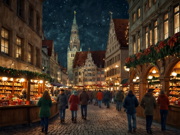 Auf dem Bild ist eine festliche Szenerie zu sehen, die den Christkindlmarkt am Marienplatz darstellt. Die Straßen sind von Menschen belebt, die entlang der Stände schlendern, an denen Weihnachtsschmuck, Geschenke und andere Leckereien verkauft werden. Im Hintergrund ragt das beeindruckende Gebäude des Rathauses auf, geschmückt mit Lichtern und festlicher Dekoration. Es scheint Nacht zu sein, und sanfte Schneeflocken fallen, was zur winterlichen Stimmung beiträgt.