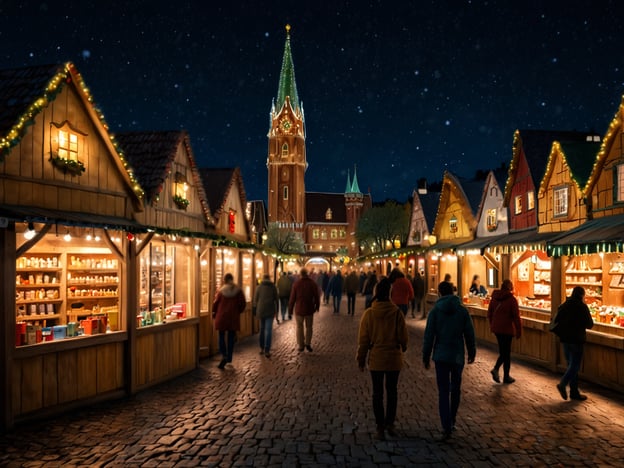 Auf dem Bild sieht man einen stimmungsvollen Weihnachtsmarkt im Olympiapark, liebevoll beleuchtet und festlich dekoriert. Die holzgeschnitzten Buden laden mit ihrem warmen Licht dazu ein, durch die Gassen zu schlendern. Umgeben von festlicher Atmosphäre trifft man auf stimmungsvolle Markstände, die Leckereien und Handwerkskunst anbieten. Im Hintergrund ragt der Turm mit seinen grünen Spitzen empor, während kräftig fallende Schneeflocken die Szenerie verzaubern. Der Markt strahlt eine bayerische Gemütlichkeit aus, die zum Verweilen und Genießen einlädt.