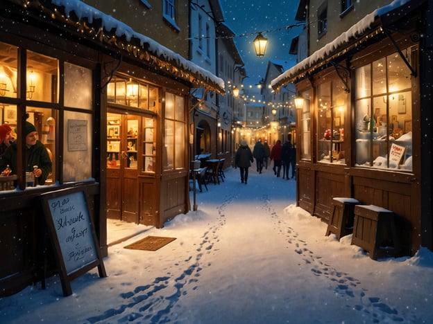 Auf dem Bild ist der romantische Weihnachtsmarkt in Schwabing zu sehen. Die verschneite Straße wird von festlichen Lichtern und charmanten Buden gesäumt, aus denen es warmes Licht strahlt. Besucher schlendern durch die winterliche Atmosphäre, während sie die verschiedenen Stände mit Kunsthandwerk und köstlichen Leckereien erkunden. Die Szenerie vermittelt eine gemütliche Stimmung und lädt zum Verweilen ein.