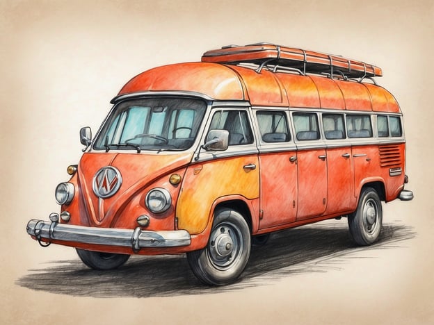 Auf dem Bild ist ein orangerfarbener VW-Bus abgebildet, der im klassischen Stil gestaltet ist. Der Bus hat eine charakteristische Form mit runden Ecken und großen Fenstern. 

In Bezug auf die Ausstattung könnte der VW-Bus mit einem Dachgepäckträger ausgestattet sein, was zusätzlichen Stauraum für Ausflüge oder Reisen bietet. Die Sicherheitsmerkmale könnten einfach gehalten sein, da es sich um ein älteres Modell handelt. Es hat wahrscheinlich grundlegende Sicherheitsvorkehrungen wie Gurte, die in der damaligen Zeit üblich waren, jedoch keine modernen Technologien wie Airbags oder elektronische Stabilitätskontrolle.