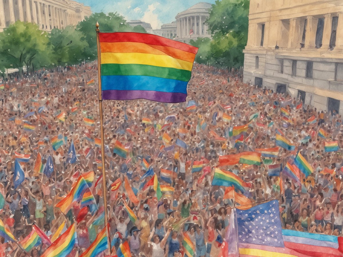 Eine große Menge von Menschen versammelt sich in Washington D.C. zu einer Pride-Veranstaltung. In der Mitte des Bildes weht eine bunte Regenbogenflagge, während die Menge mit zahlreichen weiteren Regenbogenflaggen und anderen bunten Fahnen aufwartet. Die Gesichter der Menschen strahlen vor Freude und Unterstützung für die LGBTQ+-Gemeinschaft. Hinter der Menge sind grüne Bäume und historische Gebäude sichtbar, die eine festliche Atmosphäre schaffen. Der Himmel ist klar und sonnig, was das bunte Treiben unterstreicht.