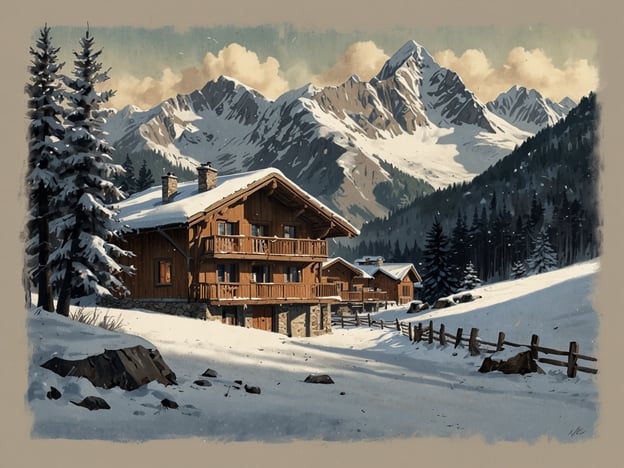 Auf dem Bild ist eine ruhige und erholsame Winterlandschaft zu sehen. Es zeigt mehrere charmante Holzchalets, die mit Schnee bedeckt sind, umgeben von majestätischen Bergen und dichten, grünen Nadelbäumen. Der Himmel ist leicht bewölkt, was eine friedliche, winterliche Atmosphäre schafft. Diese Szene vermittelt ein Gefühl von Gemütlichkeit und ist ideal für die Feiertage.