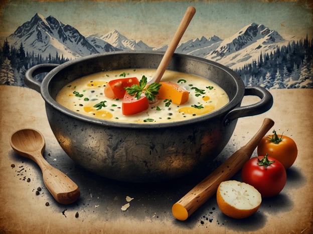 Auf dem Bild ist ein großer Topf mit einer köstlichen, cremigen Suppe zu sehen, der perfekt für den Winter in den Alpen geeignet ist. Diese Art von Gericht könnte eine traditionelle Käsesuppe oder eine herzliche Gemüsesuppe sein, die oft in den Alpenregionen serviert wird, um sich nach einem langen Tag beim Skifahren oder Wandern zu wärmen.

Typische kulinarische Highlights der Alpen im Winter umfassen:

1. **Käsefondue**: Eine Mischung aus geschmolzenem Käse, serviert mit Brotstücken zum Eintauchen.
2. **Rösti**: Knusprige Kartoffelpuffer, die oft als Beilage oder Hauptgericht serviert werden.
3. **Rinder- oder Wildsuppen**: Herzhaft und nahrhaft, perfekt für kalte Tage.
4. **Schweizer Raclette**: Geschmolzener Käse, der über Kartoffeln und Gemüse serviert wird.

Diese Gerichte sind nicht nur lecker, sondern bieten auch eine wunderbare Möglichkeit, lokale Zutaten und Traditionen zu genießen.