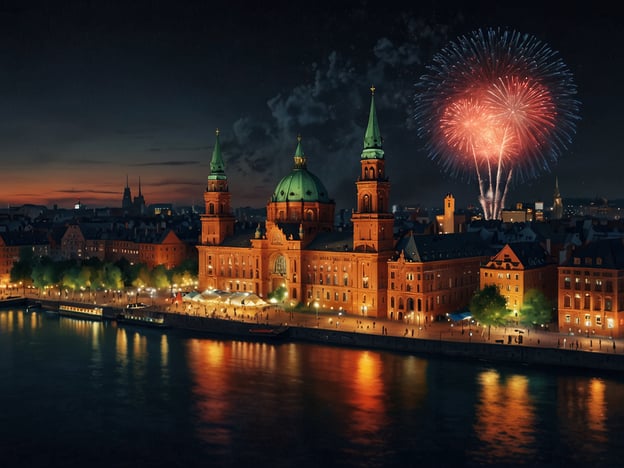 Auf dem Bild sind ein malerischer Stadtblick bei Nacht und ein Feuerwerk über einer beeindruckenden Architektur zu sehen, möglicherweise vor einem historischen Gebäude. 

Wenn du nach den besten Orten für ein unvergessliches Silvester suchst, könnten folgende Empfehlungen interessant sein:

1. **Berlin, Deutschland**: Die größte Silvesterfeier Europas zwischen Brandenburger Tor und Siegessäule.
2. **Sydney, Australien**: Berühmt für das spektakuläre Feuerwerk über dem Opernhaus.
3. **New York City, USA**: Das Ball Drop am Times Square zieht Millionen an.
4. **Rio de Janeiro, Brasilien**: Eine festliche Atmosphäre am Strand von Copacabana.
5. **Edinburgh, Schottland**: Hogmanay bietet traditionelle Feierlichkeiten und ein beeindruckendes Feuerwerk.

Diese Orte versprechen unvergessliche Erlebnisse und tolle Feiern!