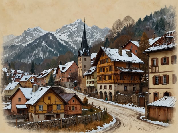 Auf dem Bild ist ein gemütliches Dorf in einer winterlichen Landschaft zu sehen. Die Architektur besteht aus charmanten, bunten Häusern, die teilweise mit Fachwerk gestaltet sind. Die Umgebung ist von schneebedeckten Bergen umgeben, und die weichen, warmen Farben der Gebäude vermitteln eine einladende Atmosphäre. Diese Szenerie eignet sich hervorragend für entspannte Feierlichkeiten in einem ruhigen, idyllischen Rahmen.