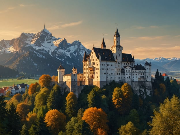 Auf dem Bild ist ein malerisches Schloss zu sehen, umgeben von majestätischen Bergen und einer idyllischen Landschaft mit bunten Bäumen. Solche Orte sind perfekte romantische Rückzugsorte für Paare. 

Hier sind einige ähnliche romantische Reiseziele:

1. **Schloss Neuschwanstein**: In Bayern gelegen, bietet es nicht nur atemberaubende Ausblicke, sondern auch eine märchenhafte Atmosphäre.
2. **Burg Eltz**: Umgeben von Wäldern und einem kleinen Fluss, ist diese Burg ein verstecktes Juwel für Paare, die Ruhe und Romantik suchen.
3. **Schloss Hohenzollern**: Auf einem Berg thronend, bietet es spannende Wanderungen und romantische Aussichtspunkte.
4. **Burg Kreuzenstein**: Nahe Wien, ideal für Ausflüge und romantische Picknicks im Grünen.

Diese Orte bieten nicht nur historische Schönheit, sondern auch die Möglichkeit, unvergessliche Momente miteinander zu verbringen.