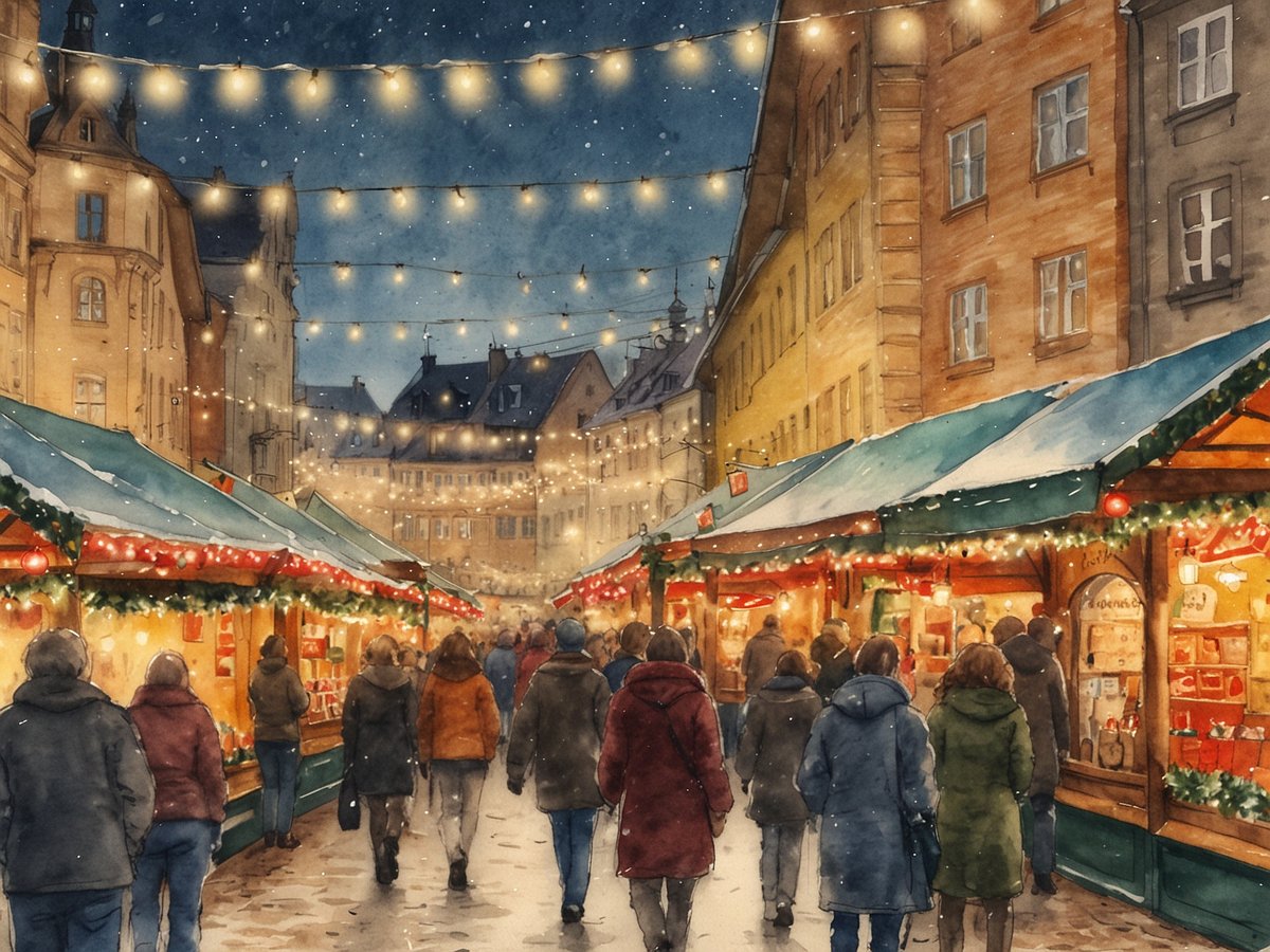 In der Bildmitte ist ein festlich geschmückter Weihnachtsmarkt in München zu sehen, mit Beiträgen von Holzständen, die mit bunten Lichtern und Weihnachtsdekorationen geschmückt sind. Menschen schlendern entlang der Stände, die eine Vielzahl von festlichen Waren anbieten. Die Atmosphäre ist warm und einladend, während der Abendhimmel im Hintergrund dunkel und sternenklar ist. Einige Stände sind beleuchtet, was die festliche Stimmung unterstreicht, während die winterliche Kleidung der Besucher auf die kalte Jahreszeit hinweist.