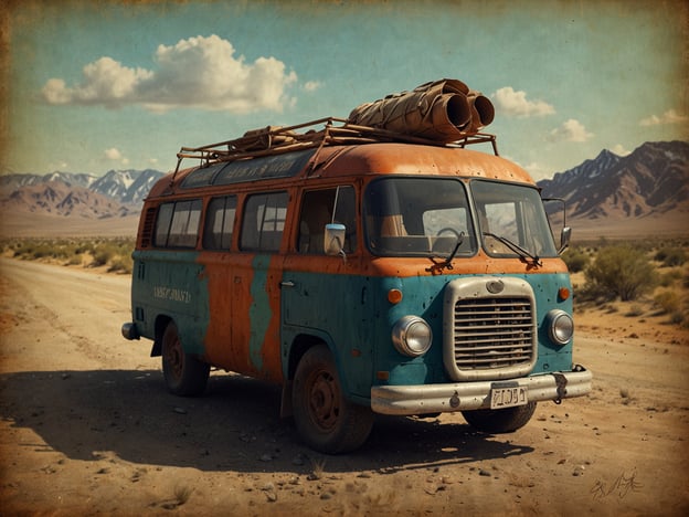 Auf dem Bild ist ein alter, farbenfroher Bus zu sehen, der in einer trockenen, wüstenartigen Landschaft steht. Im Hintergrund sieht man beeindruckende Berge unter einem blauen Himmel mit einigen Wolken. Diese Szenerie könnte der perfekte Ausgangspunkt sein, um verschiedene Wunschdestinationen zu entdecken, sei es eine abenteuerliche Roadtrip-Tour durch die Wüste oder das Erkunden von abgelegenen Naturwundern. Ein solches Fahrzeug lädt dazu ein, die Freiheit des Reisens zu genießen und neue Orte zu erkunden.