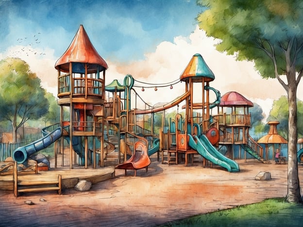 Auf dem Bild ist ein farbenfroher Abenteuerspielplatz zu sehen, der in Cham angelegt ist. Er bietet verschiedene Spielstrukturen wie Rutschen, Plattformen und einen Kletterbereich. Die gesamte Umgebung wirkt einladend und kinderfreundlich, um den Kleinen ein aufregendes Spiel- und Abenteuererlebnis zu ermöglichen. Umgeben von Bäumen und einer sauberen, offenen Fläche, ist es ein idealer Ort für Kinder, um zu spielen und sich auszutoben.