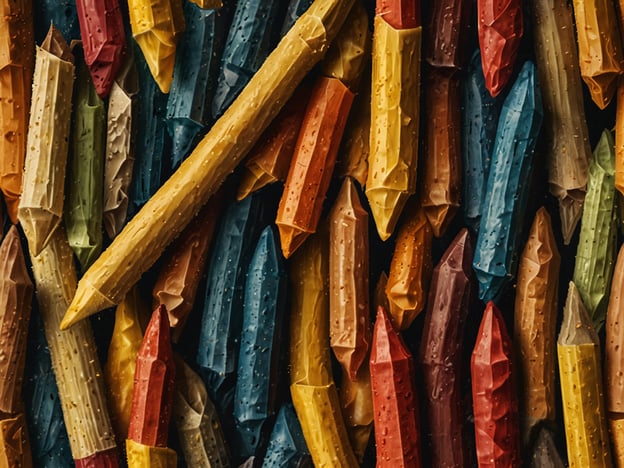 Auf dem Bild sind verschiedene farbige Nudeltypen zu sehen, die wie Stifte oder kleine bunte Formen aussehen. Diese Vielfalt könnte verschiedene Pastasorten repräsentieren, wie Penne, Fusilli oder Farfalle, die oft in unterschiedlichen Farben erhältlich sind, sei es durch natürliche Farbstoffe oder durch verschiedene Kombinationen von Zutaten. Das Bild vermittelt eine fröhliche und einladende Atmosphäre, die die Kreativität beim Kochen mit Nudeln widerspiegelt.