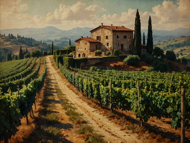 Auf dem Bild ist eine malerische Weinlandschaft mit einem Landhaus und Weinreben zu sehen. Dies könnte eine Szene aus der Toskana sein, einer der bekanntesten Weinregionen Italiens, die für ihre sanften Hügel und hervorragenden Weine wie Chianti berühmt ist. Die Umgebung vermittelt ein Gefühl von Ruhe und natürlicher Schönheit, was typisch für die Weinbaugebiete in Italien ist. Auch andere Weinregionen wie das Piemont oder die Region Venetien könnten ähnliche Landschaften aufweisen, aber die Toskana ist besonders charakteristisch für solcherlei Ansichten.