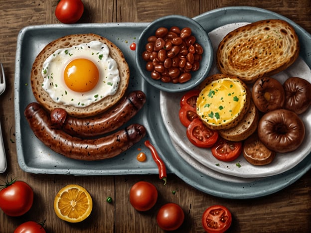 Auf dem Bild ist ein typisches englisches Frühstück zu sehen. Es umfasst ein Spiegelei, Würstchen (Sausages), gebackene Bohnen (Baked Beans), gegrillte Tomaten, Toast (Toast) und ein Pfannkuchen-ähnliches Gericht. Außerdem sind einige frische Tomaten und eine Zitrone zu sehen.